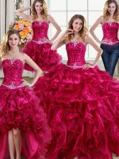  Four Piece Floor Length Lace Up Sweet 16 Quinceanera Dress Fuchsia for Military Ball and Sweet 16 and Quinceanera with Beading and Ruffles