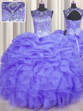 Fancy See Through Organza Sleeveless Floor Length Quinceanera Dresses and Beading and Ruffles and Pick Ups