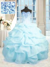 Beautiful Floor Length Baby Blue Sweet 16 Dress Organza Sleeveless Beading and Ruffles