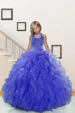 Inexpensive Halter Top Floor Length Ball Gowns Sleeveless Blue Pageant Gowns For Girls Lace Up
