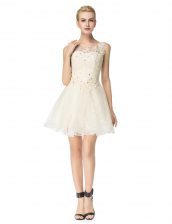  Scoop Sleeveless Organza Mini Length Lace Up Dress for Prom in Champagne with Beading and Appliques