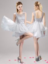  Grey Ball Gowns Organza Scoop Sleeveless Lace and Ruffles and Bowknot Mini Length Lace Up Dress for Prom