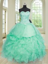 Sophisticated Apple Green Ball Gowns Sweetheart Sleeveless Organza Floor Length Lace Up Beading and Ruffles Quinceanera Gown