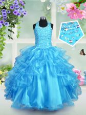  Halter Top Sleeveless Organza Floor Length Lace Up Pageant Gowns For Girls in Aqua Blue with Beading and Ruffled Layers