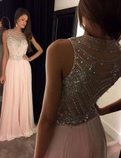 Smart Scoop Sleeveless With Train Beading Side Zipper Prom Evening Gown with Pink Brush Train