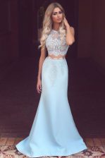 Cheap Mermaid Light Blue Prom Dresses Scoop Sleeveless Sweep Train Zipper
