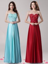 Smart Sleeveless Elastic Woven Satin Floor Length Zipper Prom Gown in Aqua Blue with Beading and Appliques and Bowknot