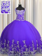  Floor Length Lace Up Quinceanera Gown Purple for Military Ball and Sweet 16 and Quinceanera with Beading and Appliques