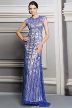 Suitable Scoop Sleeveless Satin Floor Length Backless Evening Dress in Blue with Beading and Sequins