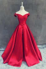  Off the Shoulder Red Zipper Prom Dress Sashes ribbons and Bowknot Short Sleeves With Train Sweep Train