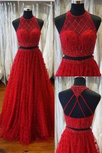 Sumptuous Scoop Red Backless Prom Party Dress Beading and Appliques Sleeveless Sweep Train