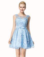 Modest Blue Lace Zipper Scoop Sleeveless Mini Length Homecoming Dress Bowknot
