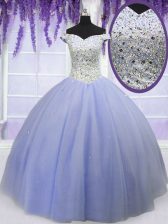  Off the Shoulder Lavender Short Sleeves Beading Floor Length Quinceanera Gown