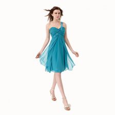 Colorful One Shoulder Teal Side Zipper Prom Gown Beading and Ruffles Sleeveless Knee Length