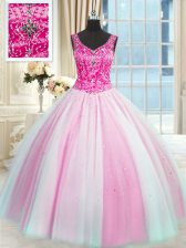 Classical Baby Pink and Pink And White 15th Birthday Dress Military Ball and Sweet 16 and Quinceanera with Beading V-neck Sleeveless Lace Up