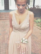  Champagne Prom and Party with Beading V-neck Sleeveless Zipper