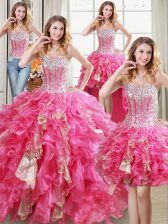 Sumptuous Four Piece Hot Pink Ball Gowns Sweetheart Sleeveless Organza Floor Length Lace Up Beading and Ruffles and Sequins Quince Ball Gowns