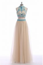 Noble Champagne Sleeveless Floor Length Beading and Appliques and Belt Zipper Prom Dress