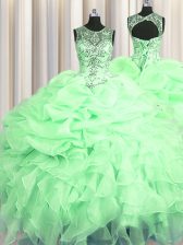 Spectacular See Through Apple Green Ball Gowns Organza Scoop Sleeveless Beading and Ruffles and Pick Ups Floor Length Lace Up Quinceanera Dresses