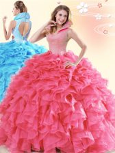 Ideal Backless High-neck Sleeveless Sweet 16 Dress Floor Length Beading and Ruffles Coral Red Organza