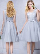  Grey One Shoulder Neckline Lace and Appliques and Belt Dama Dress for Quinceanera Sleeveless Lace Up