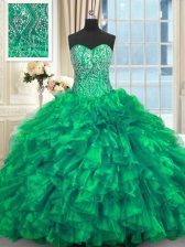 Customized Turquoise Lace Up Ball Gown Prom Dress Beading and Ruffles Sleeveless Brush Train