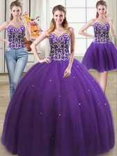  Three Piece Purple Tulle Lace Up Ball Gown Prom Dress Sleeveless Floor Length Beading