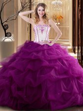 Smart Fuchsia Ball Gowns Tulle Strapless Sleeveless Embroidery and Ruffled Layers Floor Length Lace Up Quinceanera Gown