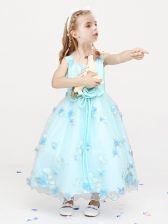 Perfect Straps Sleeveless Ankle Length Appliques and Bowknot and Hand Made Flower Zipper Flower Girl Dresses with Light Blue