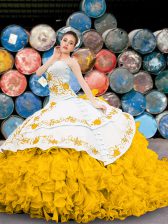 Low Price Yellow And White Ball Gowns Organza Sweetheart Sleeveless Appliques and Embroidery and Ruffles Floor Length Lace Up Vestidos de Quinceanera