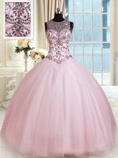 Romantic Scoop Sleeveless Tulle Floor Length Lace Up Quinceanera Dress in Baby Pink with Beading
