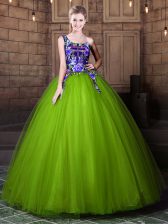  One Shoulder Sleeveless Sweet 16 Quinceanera Dress Floor Length Pattern Olive Green Tulle