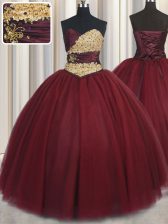 Elegant Wine Red Sleeveless Beading and Appliques Floor Length Quinceanera Gown