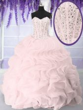 Fashionable Organza Sweetheart Sleeveless Lace Up Beading and Ruffles Quinceanera Gown in Pink