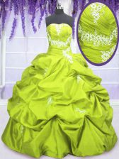  Yellow Green Taffeta Lace Up 15th Birthday Dress Sleeveless Floor Length Appliques and Pick Ups