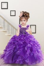 Amazing Floor Length Purple Child Pageant Dress Organza Sleeveless Beading and Ruffles