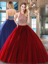  Halter Top Floor Length Two Pieces Sleeveless Wine Red Sweet 16 Dresses Backless