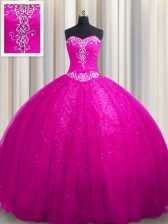  Sequined Fuchsia Sleeveless Court Train Beading and Appliques With Train Sweet 16 Quinceanera Dress