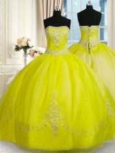  Yellow Green Vestidos de Quinceanera Military Ball and Sweet 16 and Quinceanera with Beading and Embroidery Strapless Sleeveless Lace Up