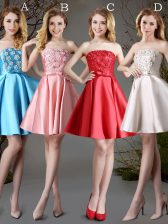  Satin Sleeveless Mini Length Quinceanera Dama Dress and Appliques and Bowknot