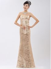 Fitting Champagne Sequined Zipper Prom Gown Sleeveless Floor Length Appliques and Belt