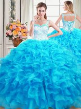  Straps Floor Length Baby Blue Quinceanera Gown Organza Sleeveless Beading and Ruffles