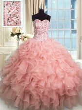 Flare Floor Length Rose Pink Quinceanera Dresses Organza Sleeveless Beading and Ruffles