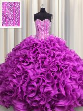 Hot Sale Visible Boning Fuchsia Organza Lace Up Sweetheart Sleeveless Floor Length Quinceanera Gown Beading and Ruffles