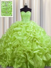  Pick Ups With Train Ball Gowns Sleeveless Yellow Green 15th Birthday Dress Court Train Lace Up