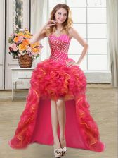  Sleeveless High Low Beading and Ruffles Lace Up Evening Dress with Multi-color