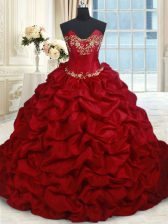 Luxurious Wine Red Ball Gowns Sweetheart Sleeveless Taffeta Floor Length Lace Up Beading and Pick Ups Sweet 16 Dresses