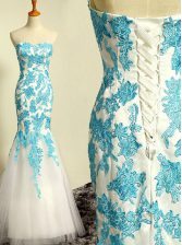  Mermaid Blue and Blue And White Tulle Lace Up Prom Dresses Sleeveless Floor Length Appliques