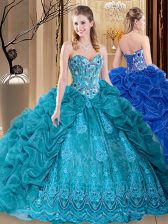 Fabulous Embroidery and Pick Ups Sweet 16 Dresses Teal Lace Up Sleeveless Floor Length