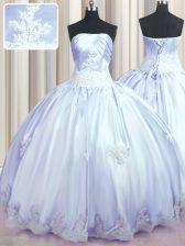  Lavender Strapless Neckline Appliques Quinceanera Gowns Sleeveless Lace Up